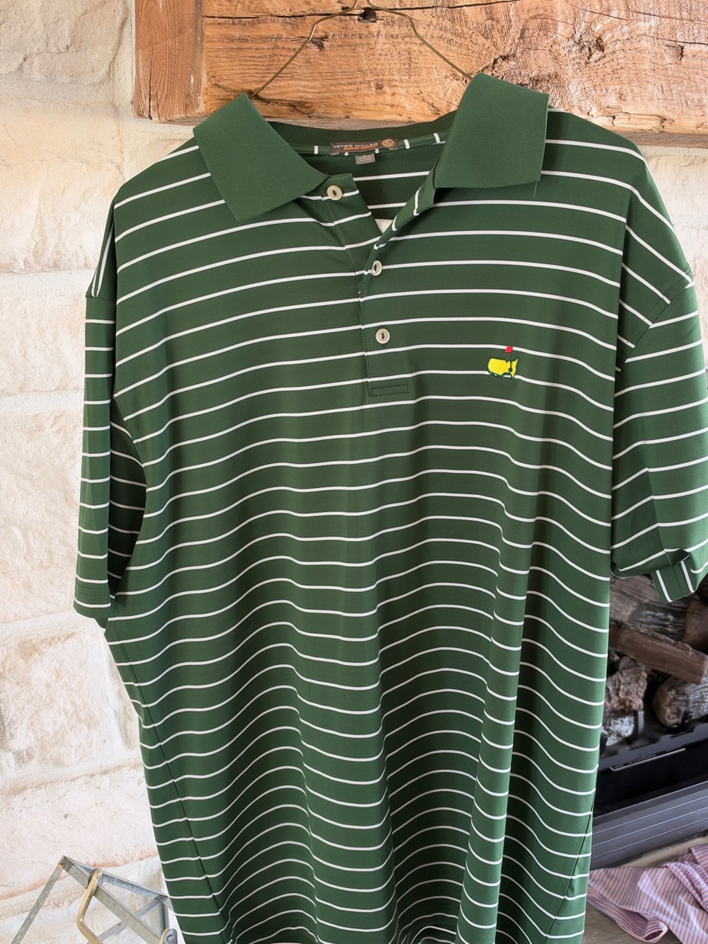 Peter Millar Green and White Striped Polo with Yellow Embroidered Logo